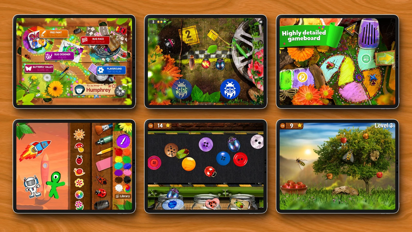 A collection of illustrated screens from the Bugs apps