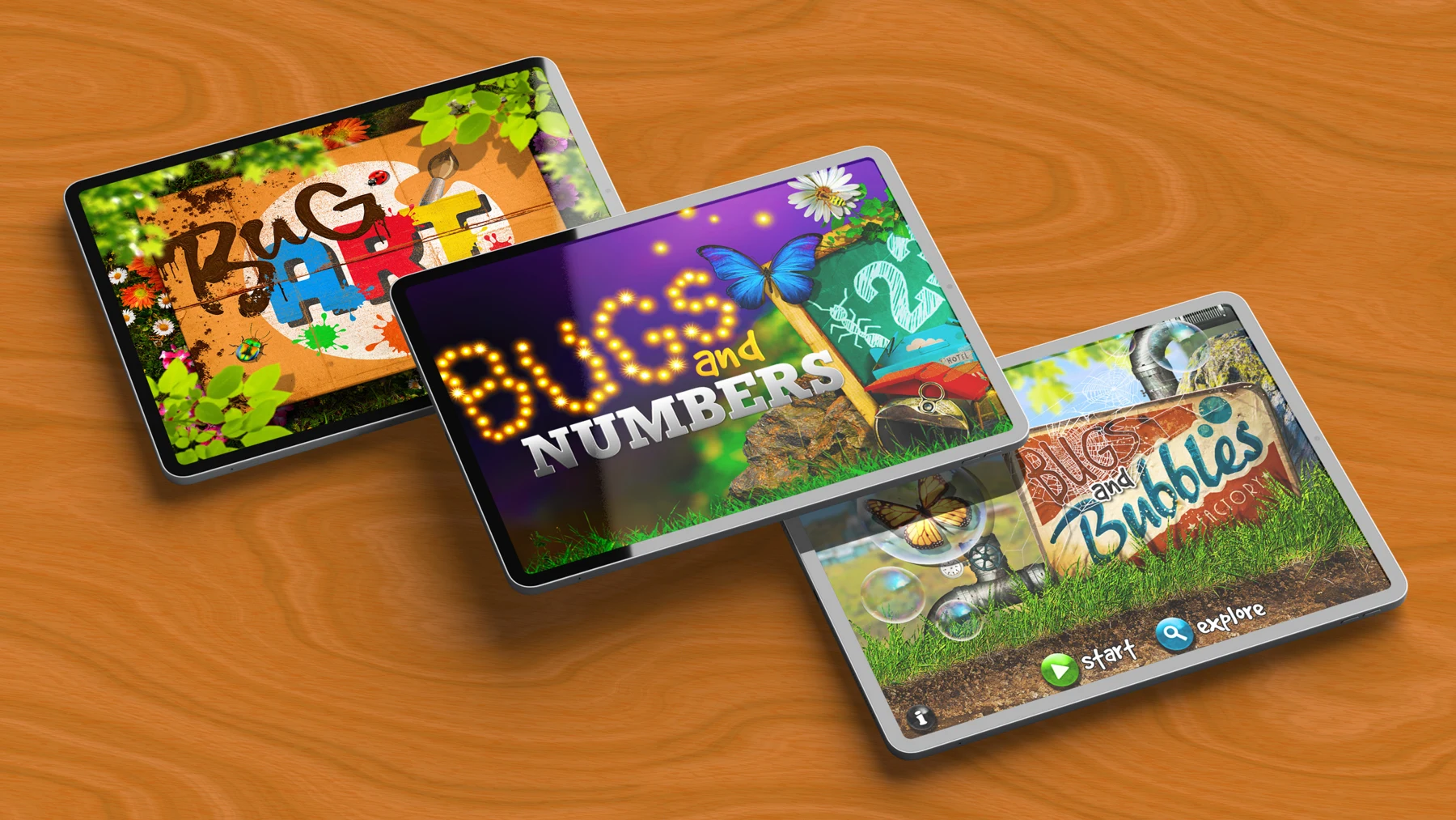 Colorful Bugs educational game artwork displayed on tablets