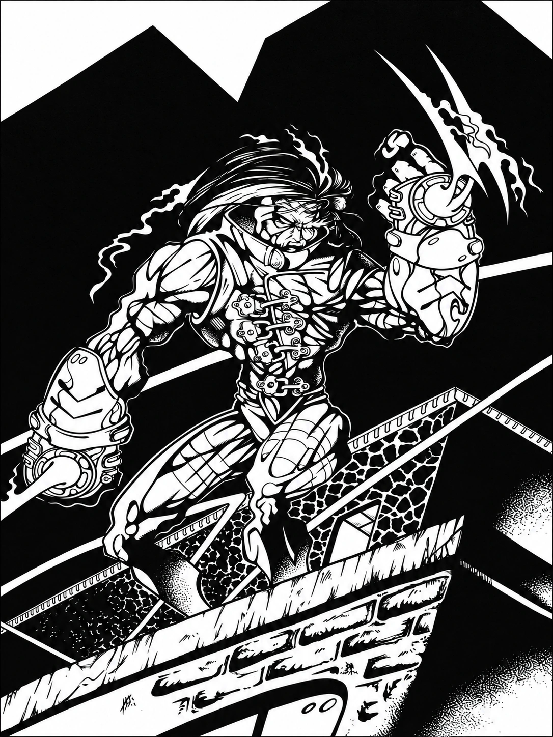Pen and ink drawing of Ash with intricate comic-book linework