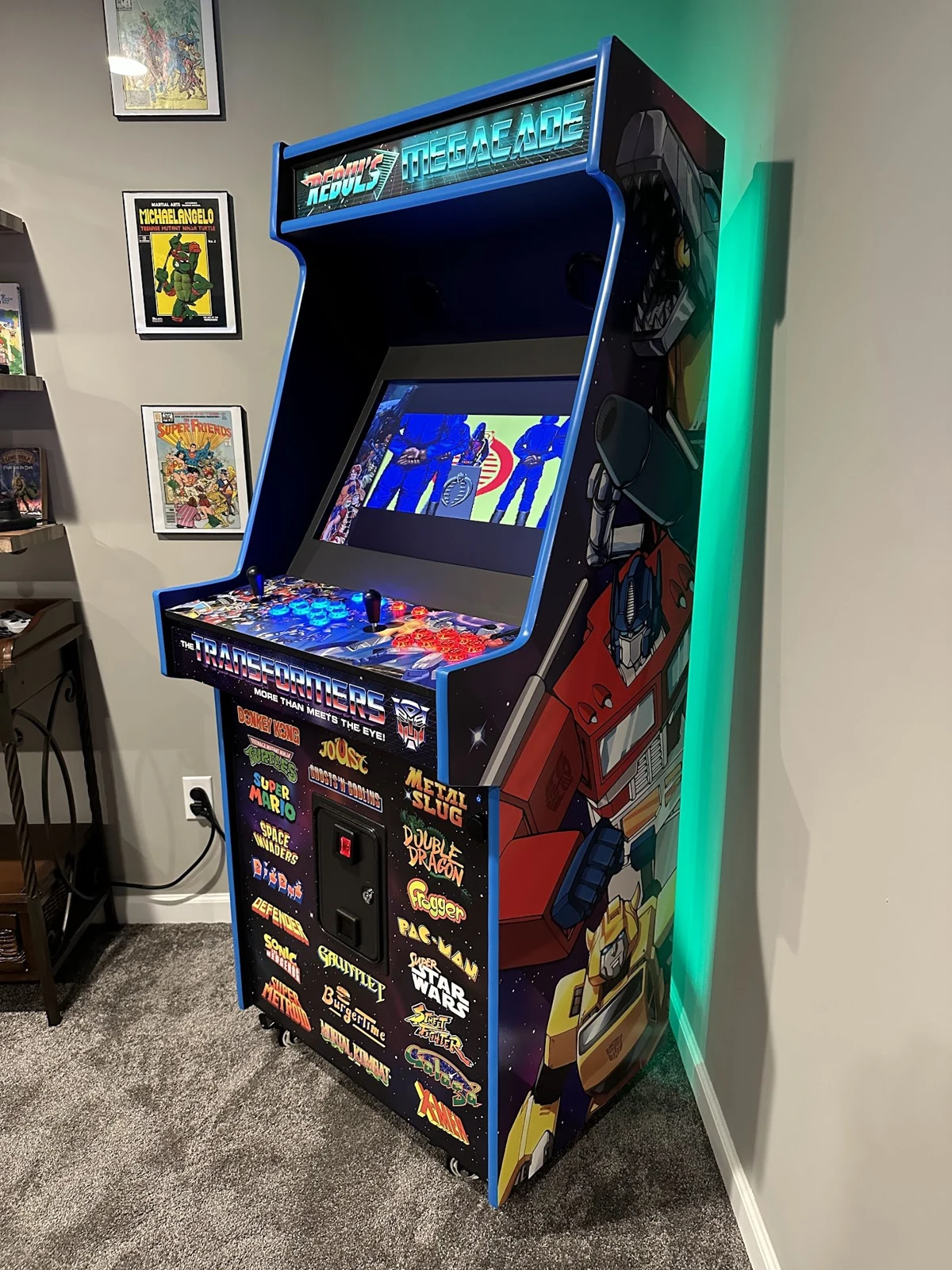 Finished custom arcade cabinet with illuminated marquee and illustrated side panels