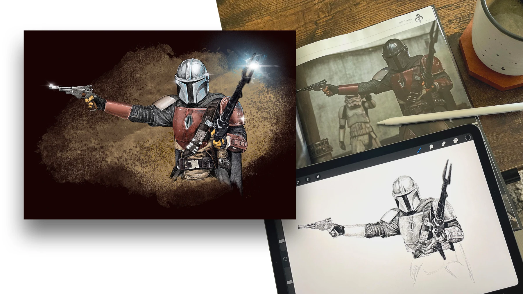Mandalorian illustration with studies and sketches