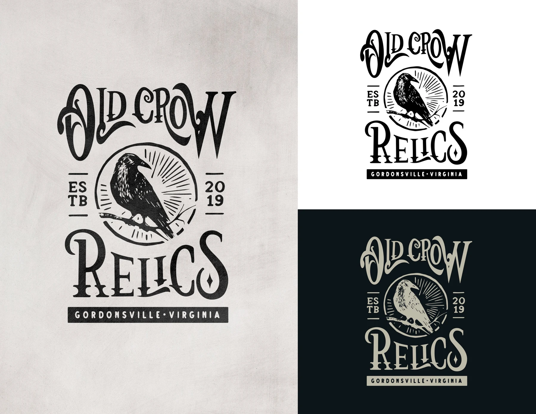 Old Crow Relics vintage-style crow logos in black and white