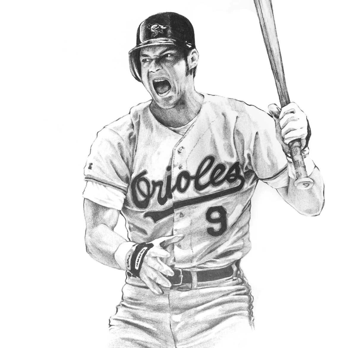 Pencil drawing of a Baltimore Orioles baseball player holding a bat