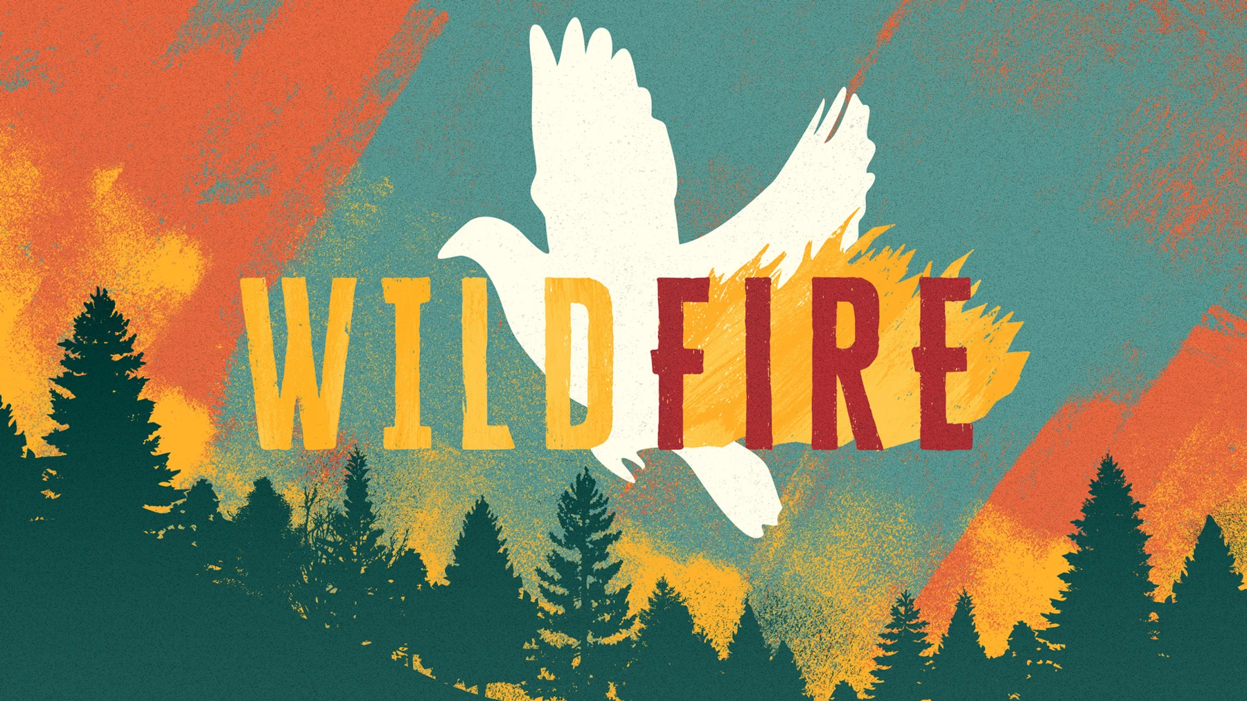 Wildfire lettering set against an illustrated mountain and forest landscape