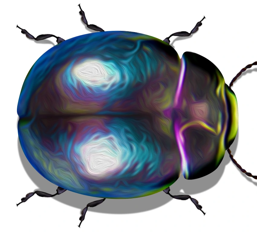 Iridescent blue beetle character artwork from Bug Art